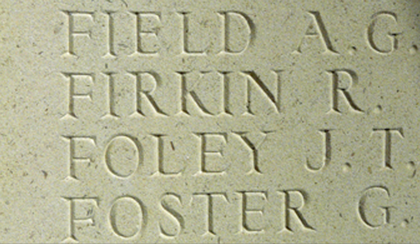 Photograph showing Richard Firkin's name<br>recorded on panels 26 and 27 of the Le Touret Memorial to the Missing