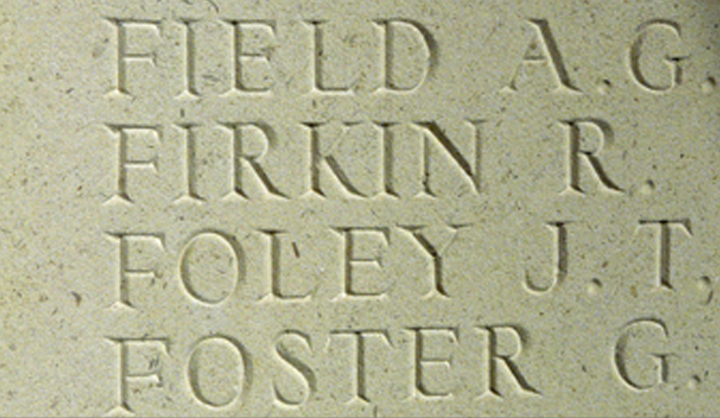 Photograph showing Richard Firkin's name<br>recorded on panels 26 and 27 of the Le Touret Memorial to the Missing